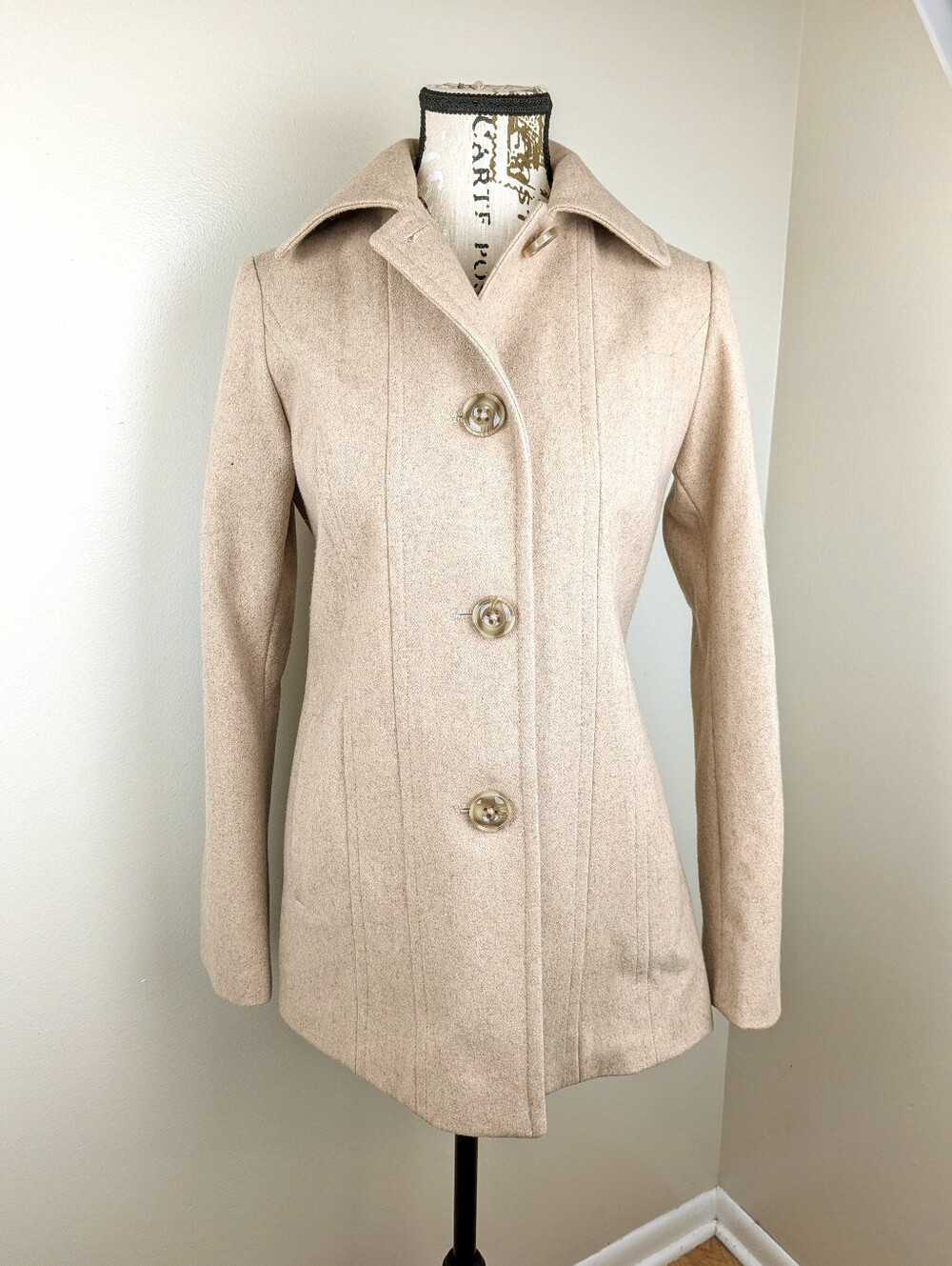 London Fog Women's Beige Tan Wool Blend Pea Coat Jacket PXS Light Academia